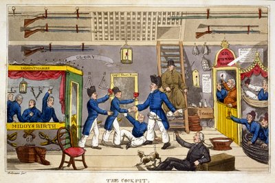 驾驶舱，1818年约翰·米特福德的“海军约翰尼新历险记”中的板块（手工彩色的aquatint） 作者 查尔斯·威廉姆斯